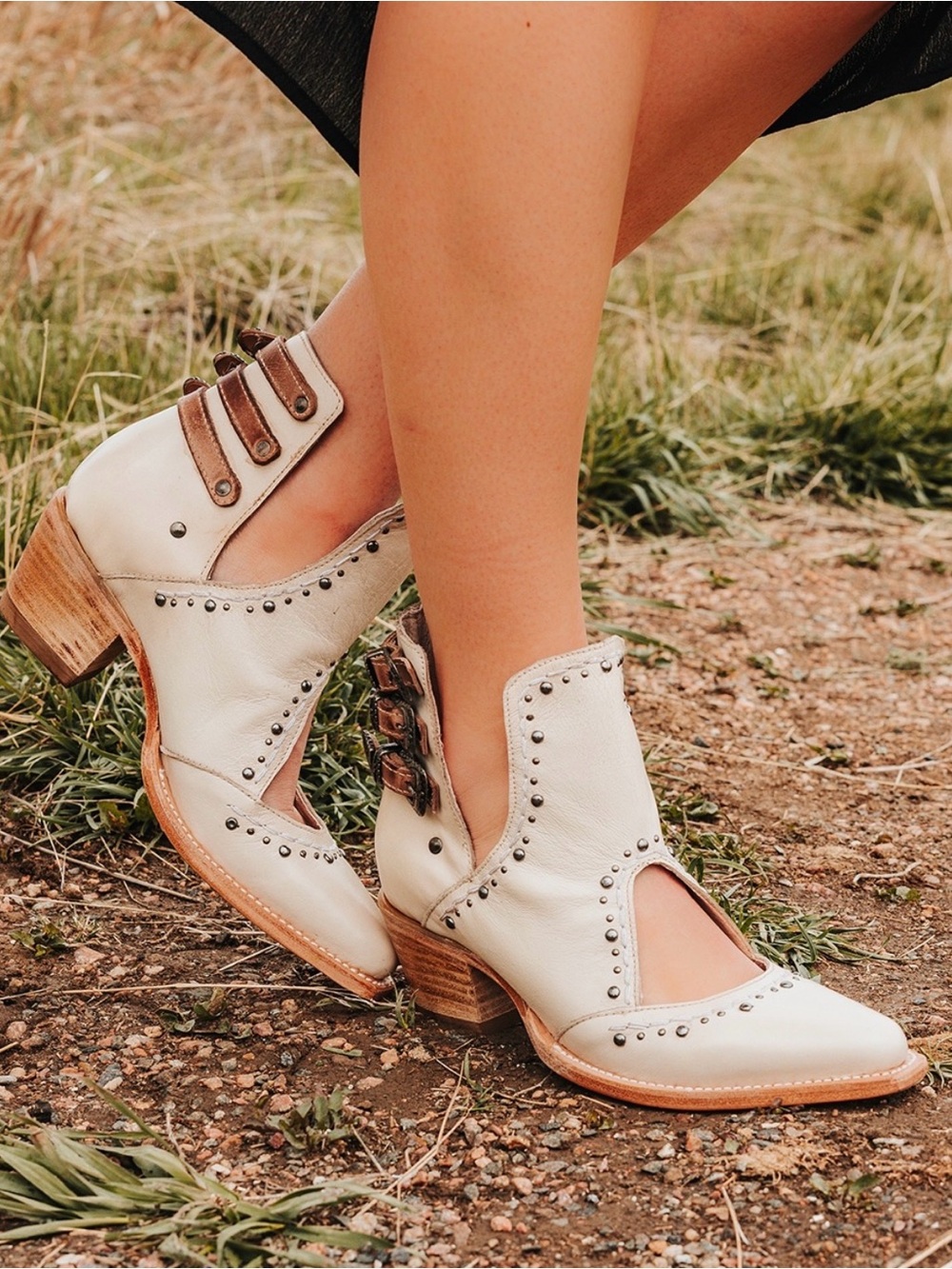 Freebird Melody Beige Leather Cutout Ankle Booties with Stud Details 10
